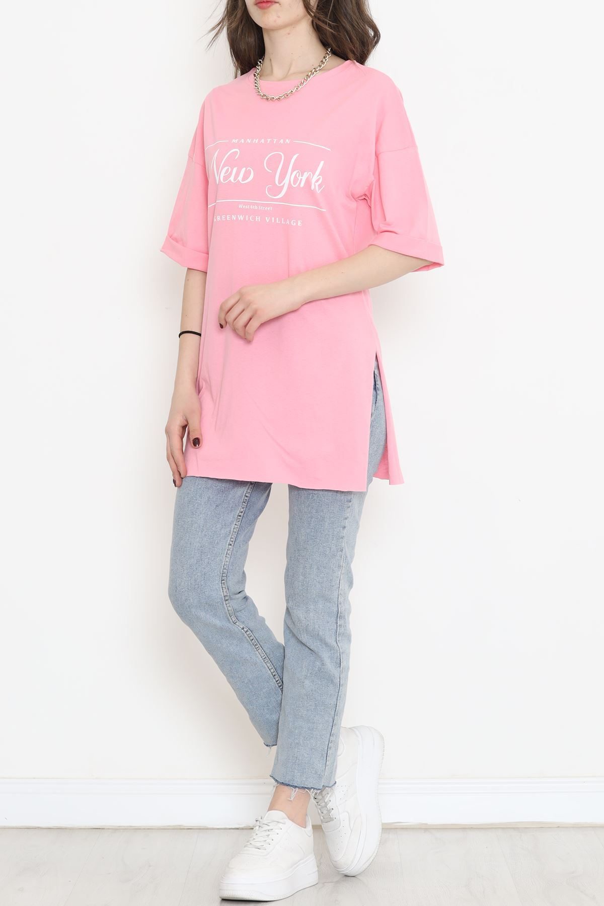 Printed Side Slit T-Shirt Pink