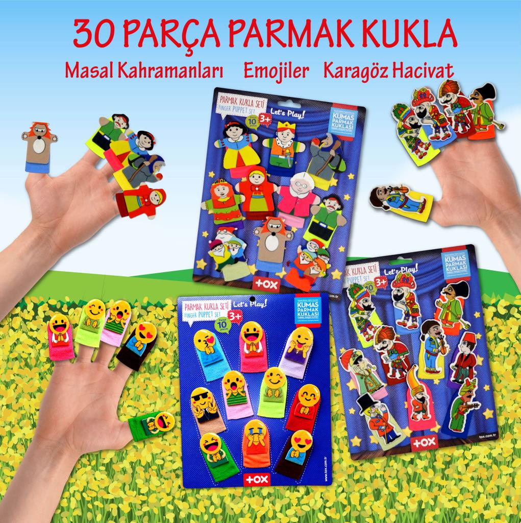 3 Set - 30 Pieces Fairy Tale Heroes, Karagöz Hacivat and Emojis Finger Puppet