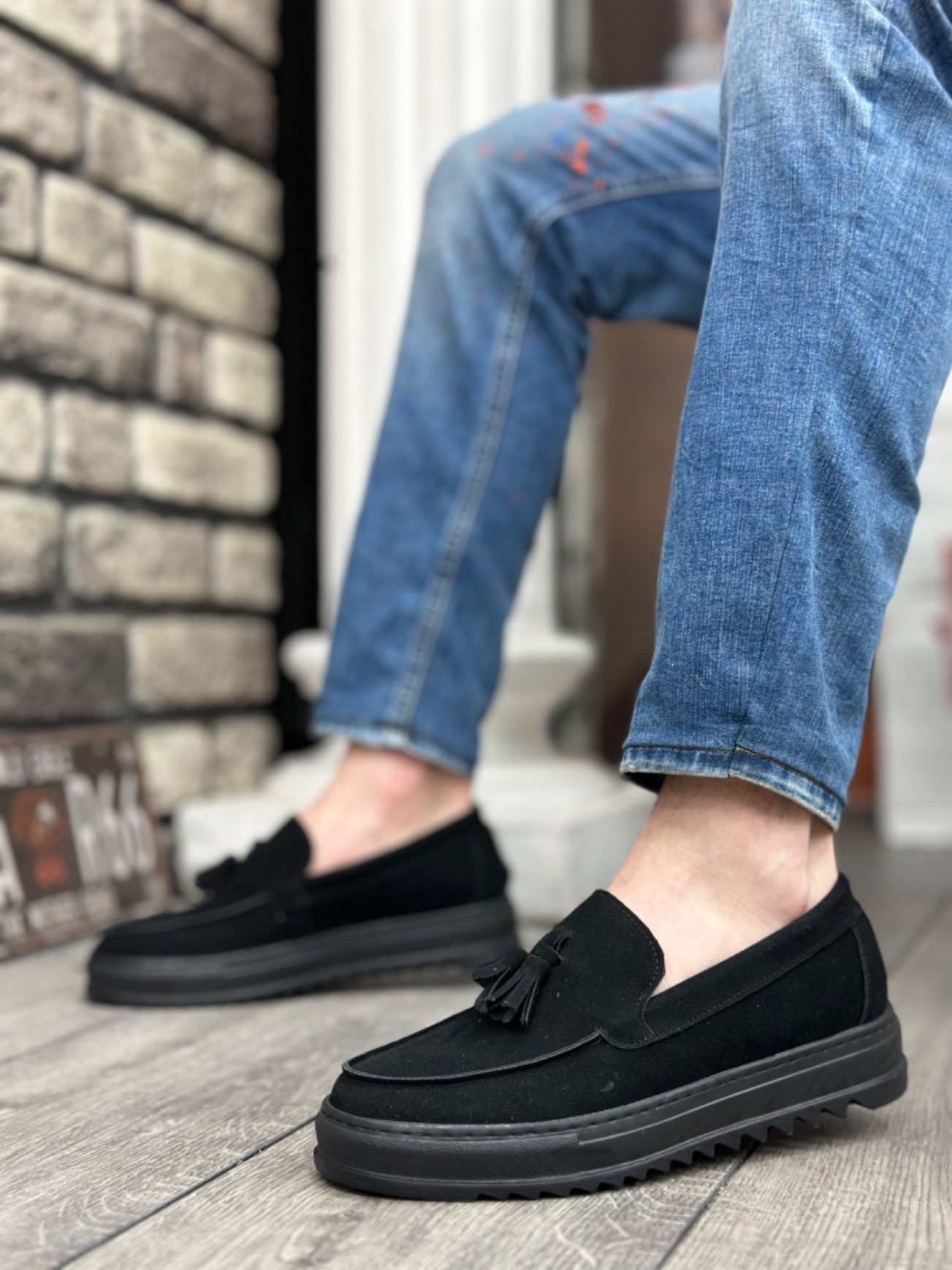 Untied High Sole Suede Black Color Black Sole Tassel Men's Shoes