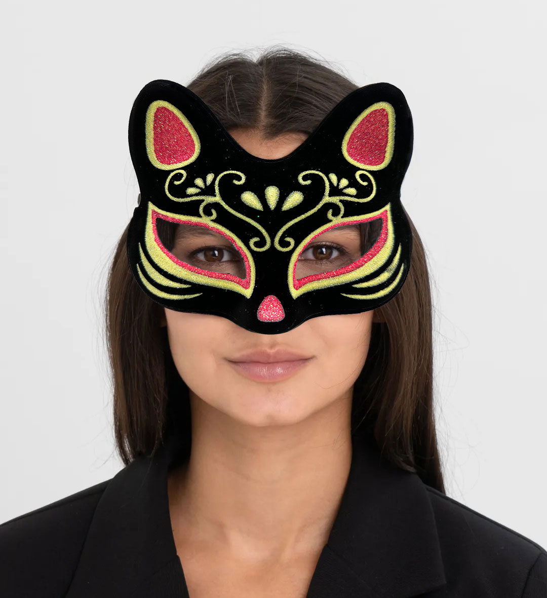 Black Color Suede Coating with Red Yellow Glitter Cat Mask 17x14 cm