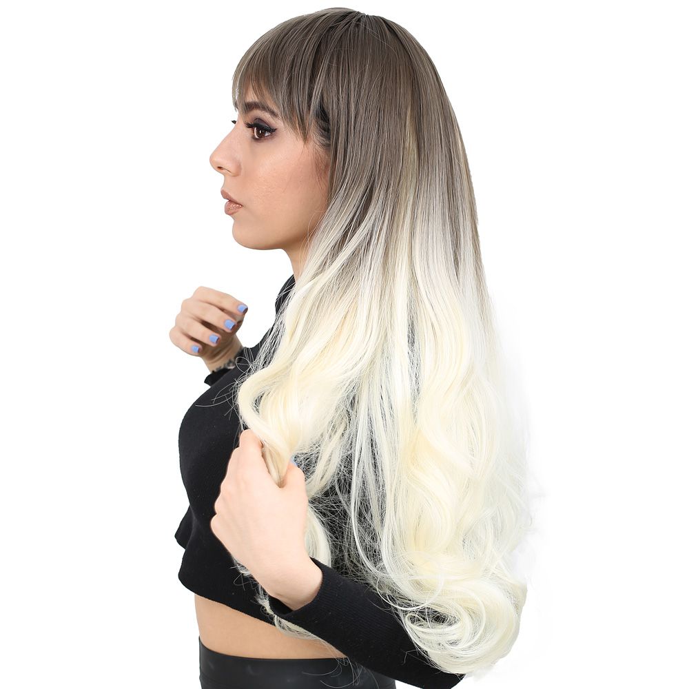 Long Wavy Kanekalon Fiber Synthetic Wig with Custom Bangs / Ashy Light Brown / Platinum Ombré