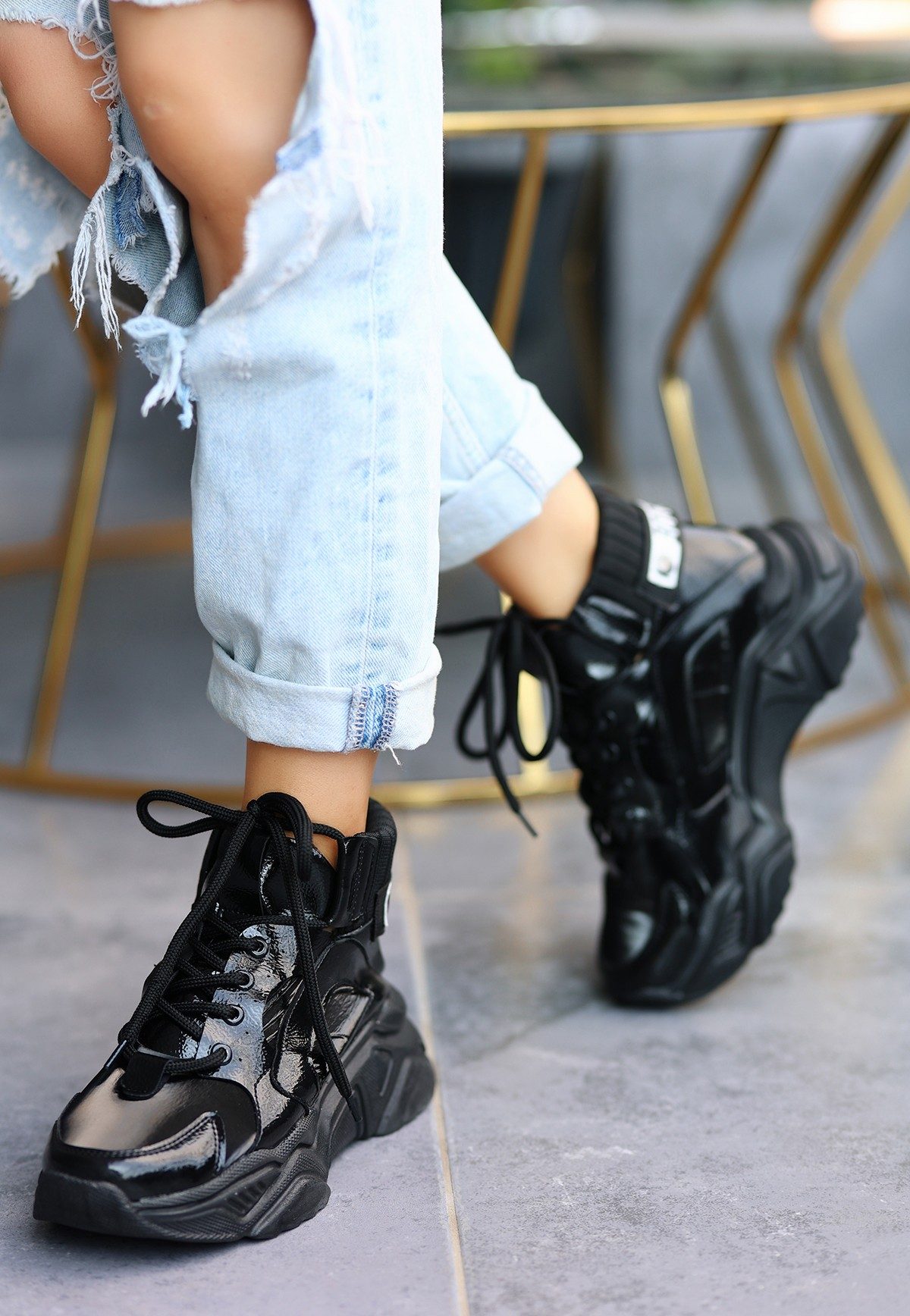 Black Skin Lace-up Boots