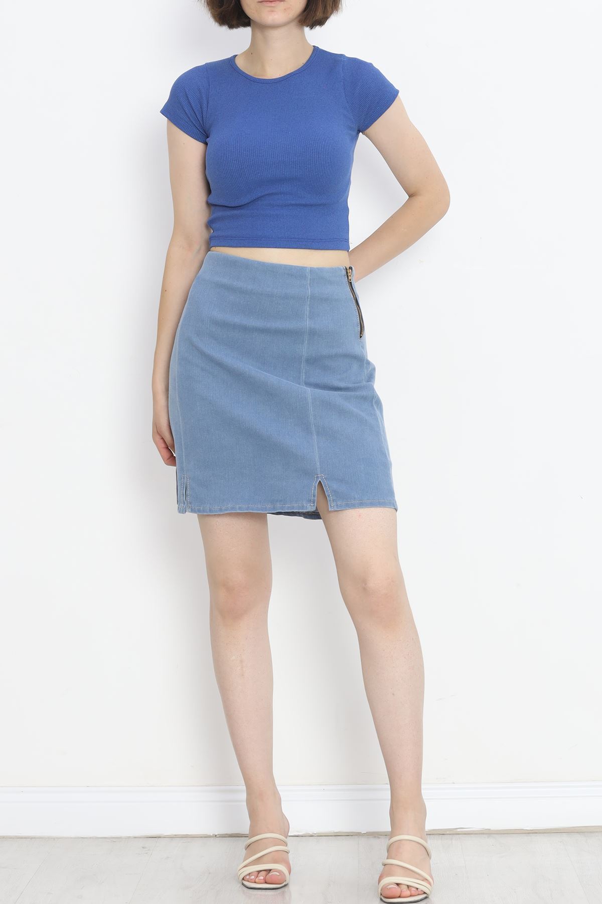 Denim Skirt with Slits Light Blue