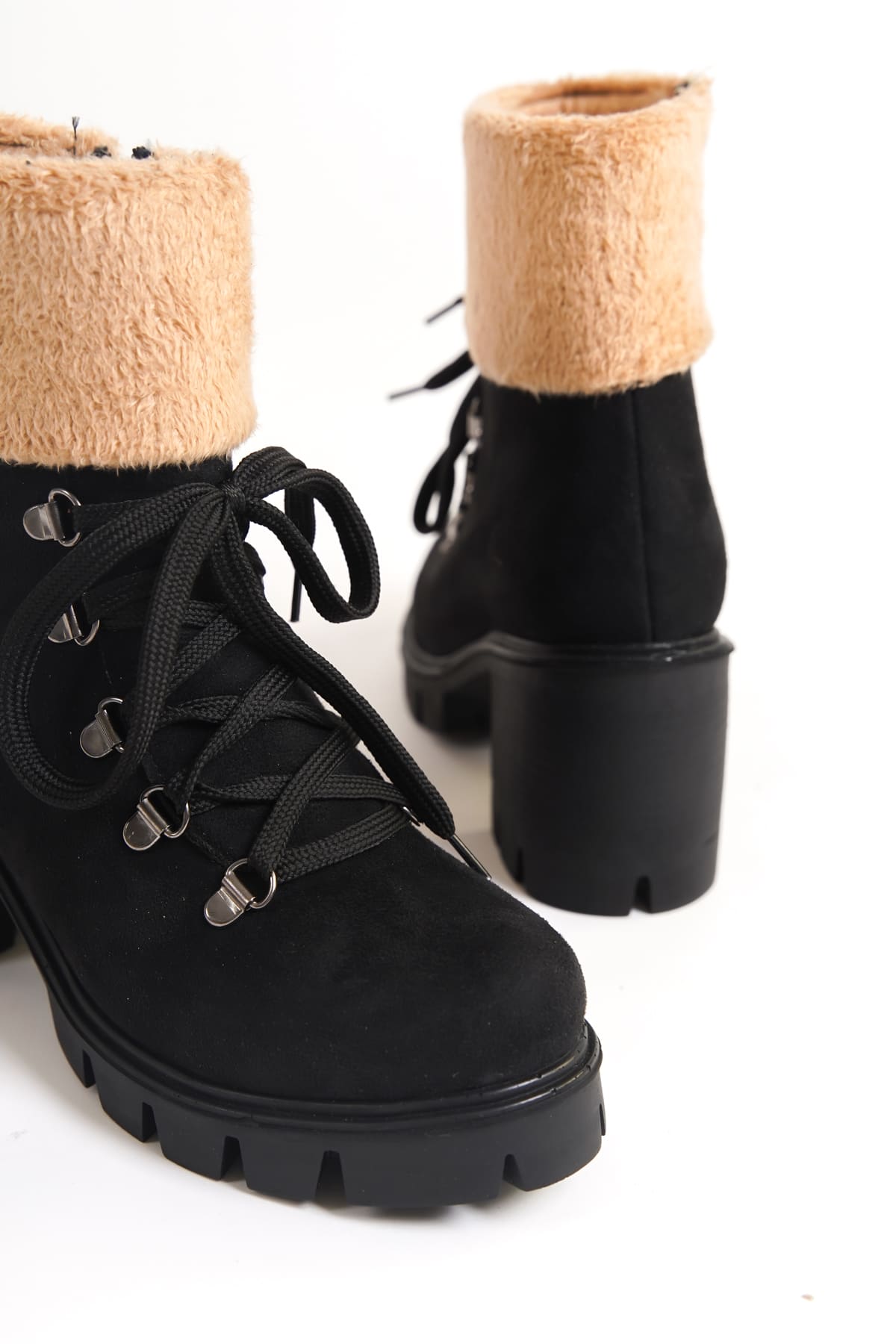 CLZ948 Lace-up Zippered Orthopedic Sole Heeled Sheepskin Detailed Suede Women's Boots ST Black