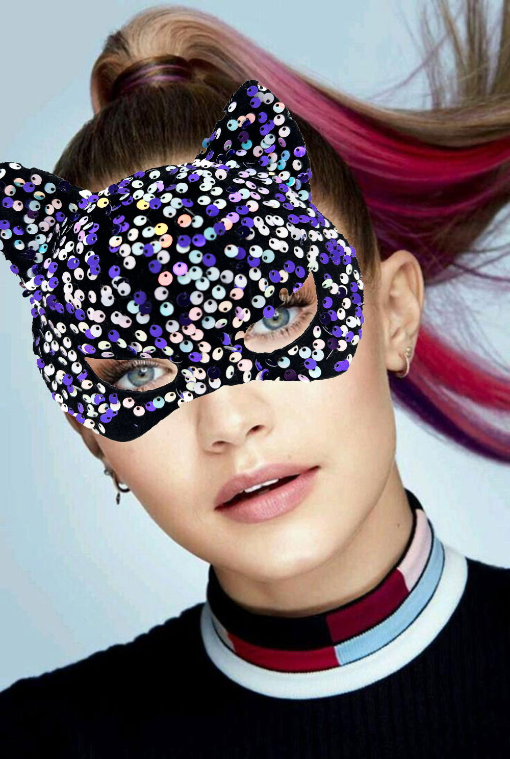 Purple White Sequined Sequin Party Mask on Black Velvet Fabric 16x14 cm