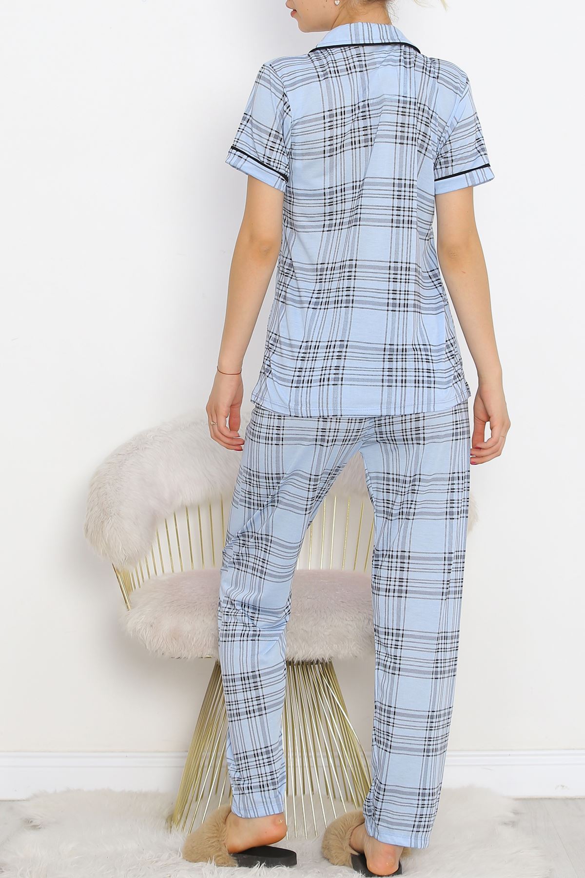 Polyviscose Interlock Short Sleeve Pajama Set Blue Black