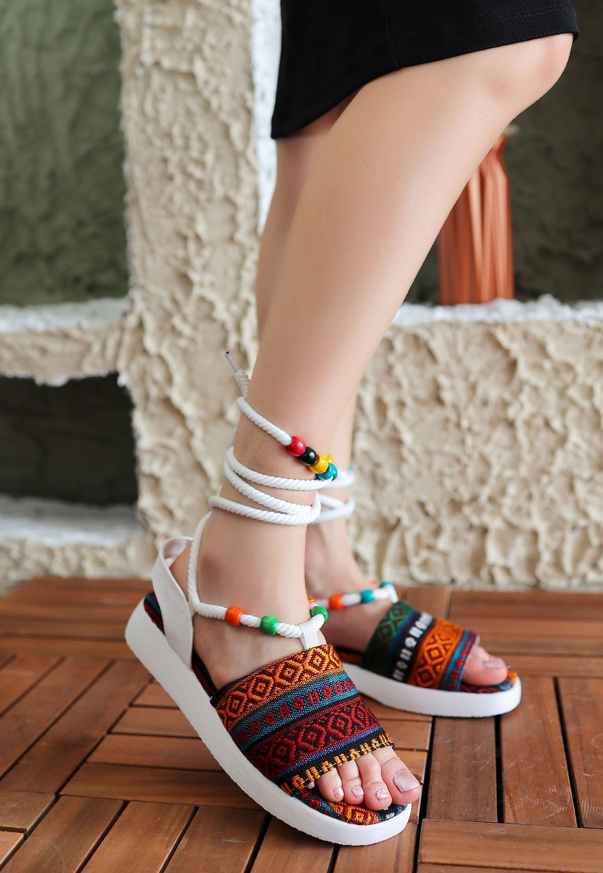 White Kilim Patterned Ankle Lace-up Sandals