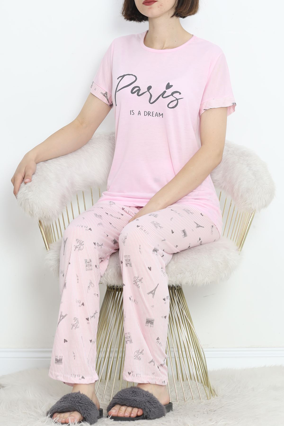 Poliviskon Crew-Neck Pajama Set Pink-Black