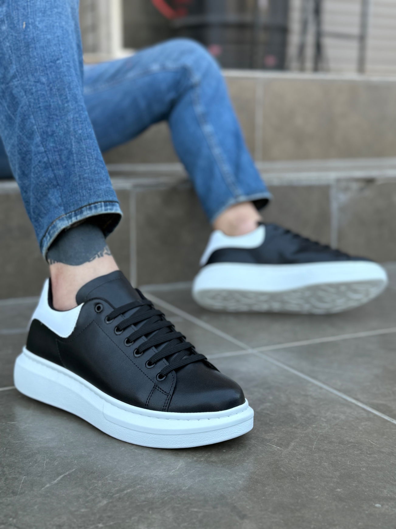 Thick High Sole Black and White Parts Detail Lace-Up Sneakers for Men