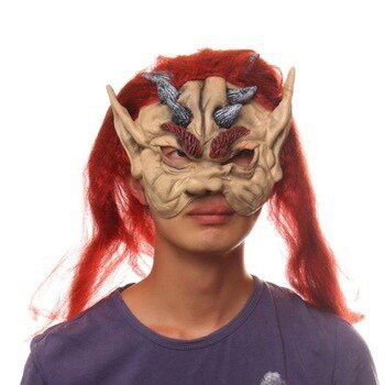 Latex Asterix Viking Hobbit Mask with Red Hair Half Face Horns