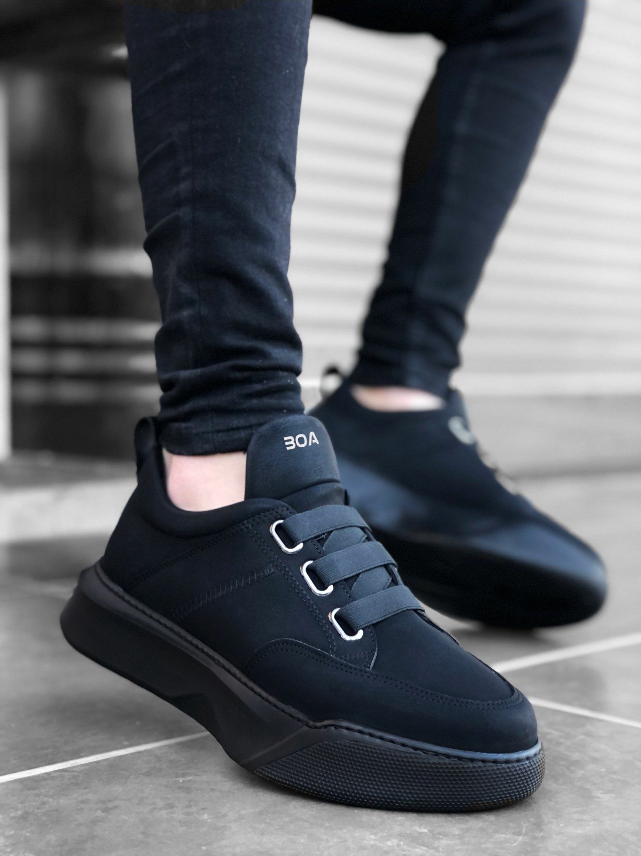 Men's High Sole Black Sneakers with Straps