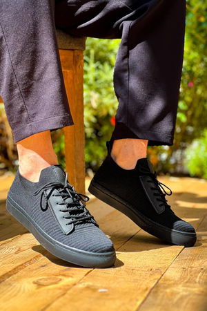 Black Tricot Black High Sole Lace-up Casual Men's Shoes