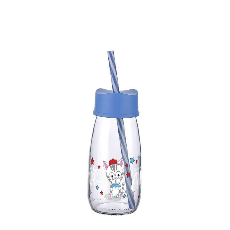 Straw Water And Milk Bottle Glass 250 ML - Blue