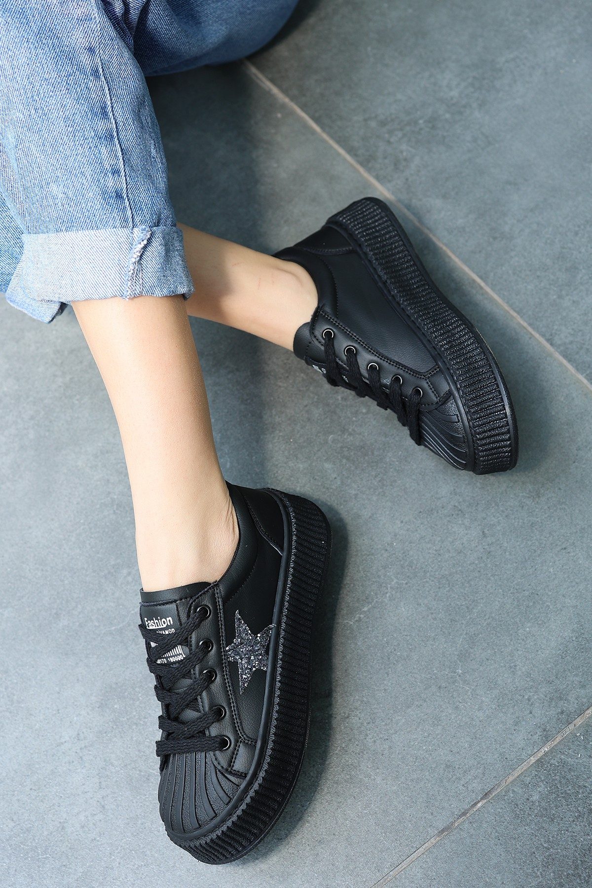 Black Skin Lace-Up Sneakers