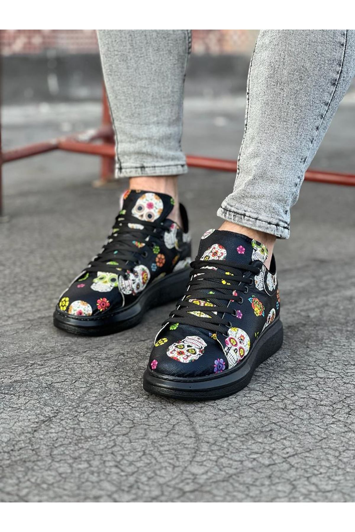 Black Patterned Skull Painted Men's Casual Shoes