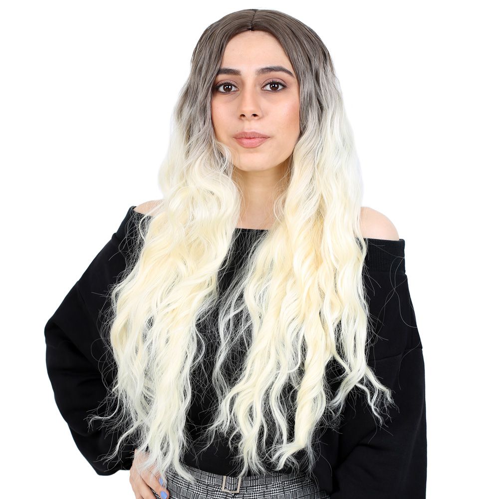 Kanekalon Fiber Synthetic Long Water Wavy Look Wig / Brown / Platinum Ombré