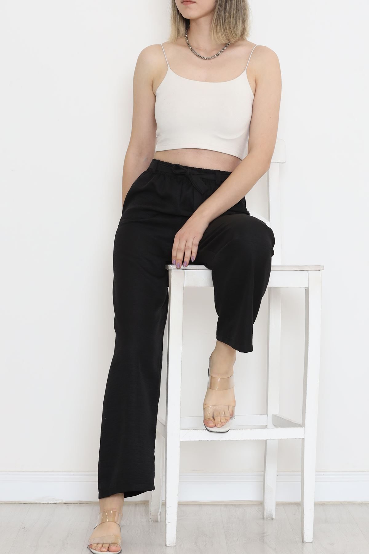 Waist Belted Linen Pants Black