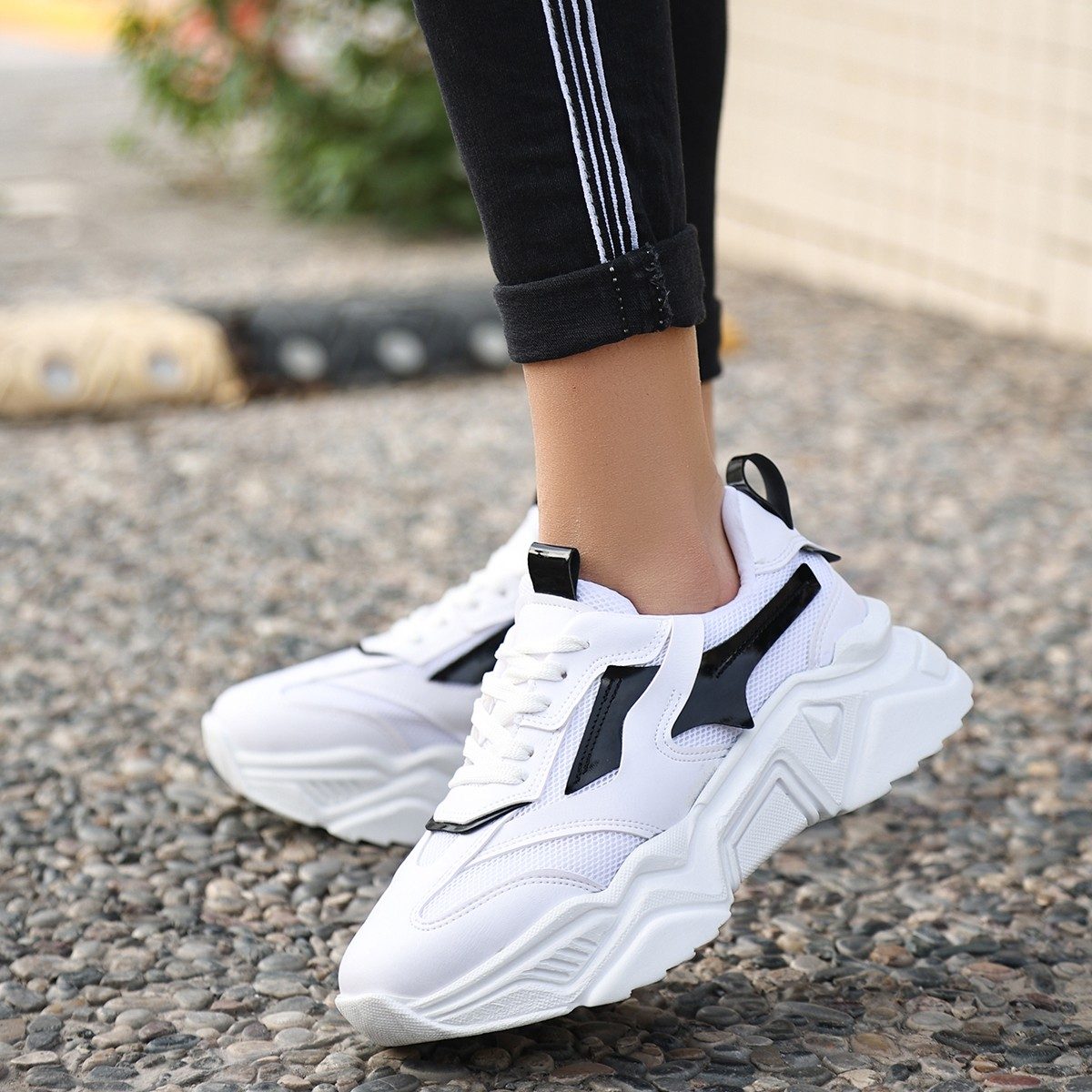 White Skin Black Detailed Lace-Up Sneakers