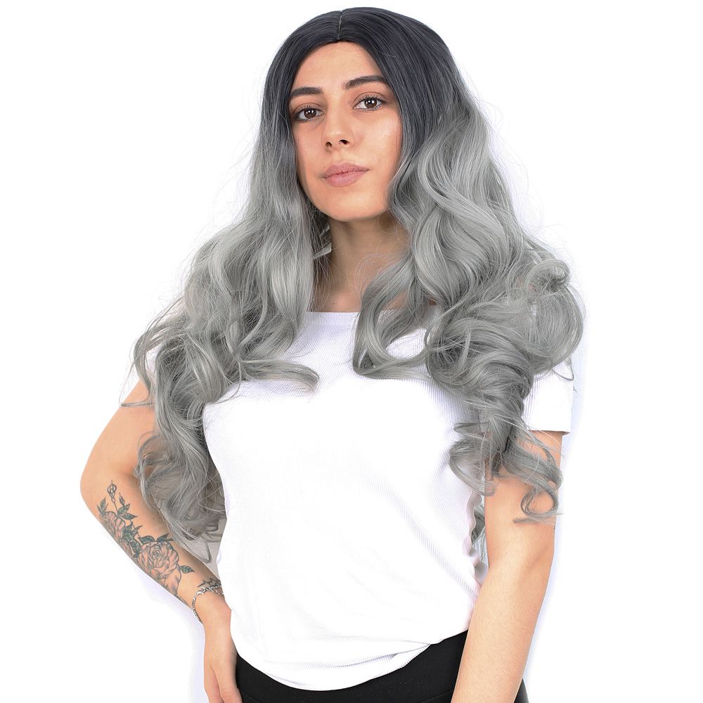 Super Dense Wavy Kanekalon Fiber Synthetic Long Bangs Toupee / Black / Gray Ombré