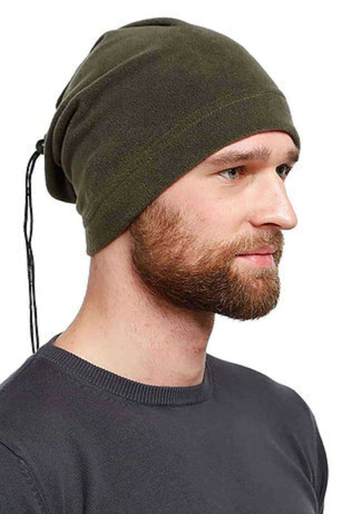 Fleece Unisex Drawstring Beanie and Neck Collar Green