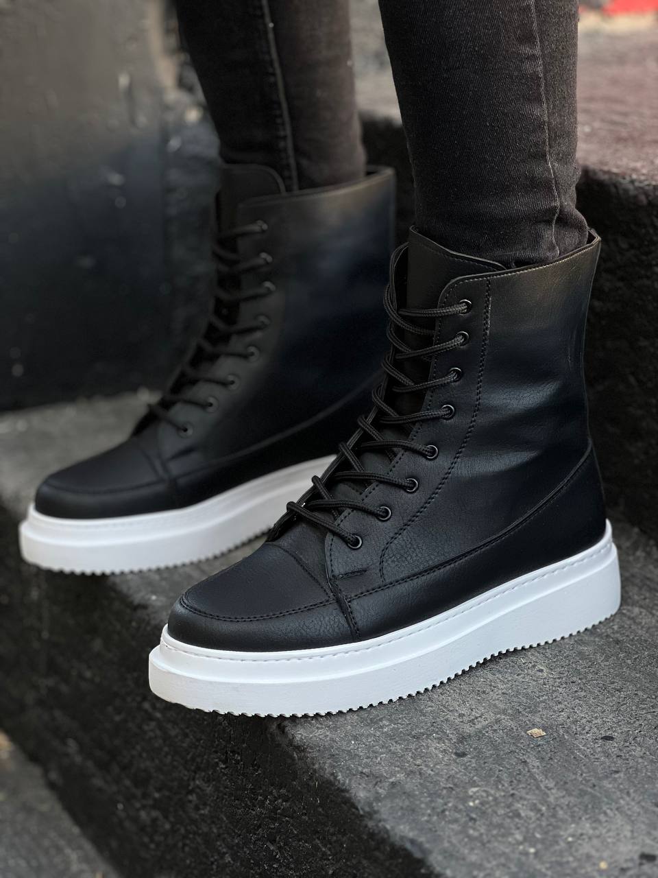 Black Skin High Sole Lace-Up Boots