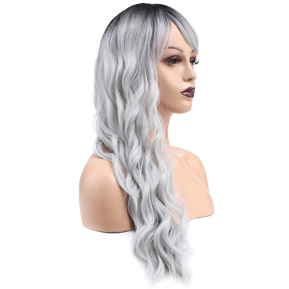 Kanekalon Fiber Synthetic Wig / Black / Light Gray Ombré with Long Water Wavy Look with Custom Bangs