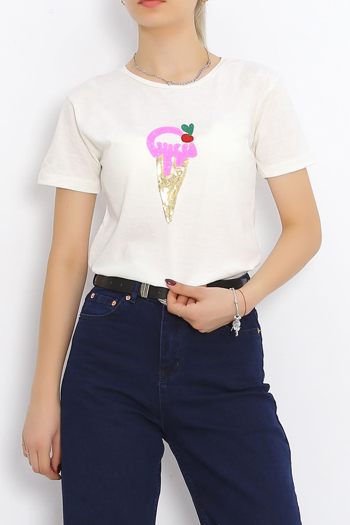 Embroidered Sequin Detail T-Shirt Ivory