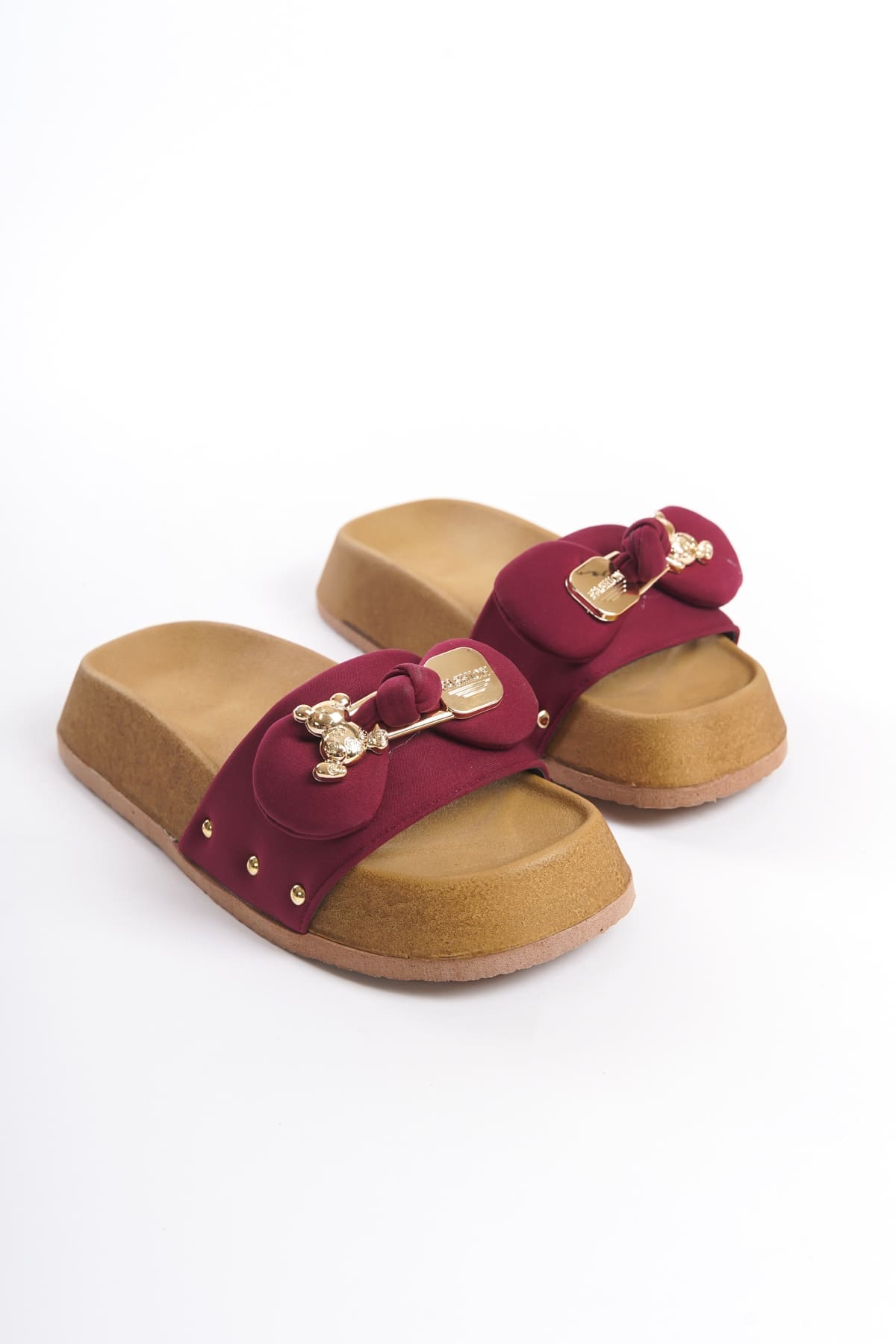 CLZ948 Thick and Orthopedic Sole Satin Women's Slippers with Teddy Bear KT Burgundy