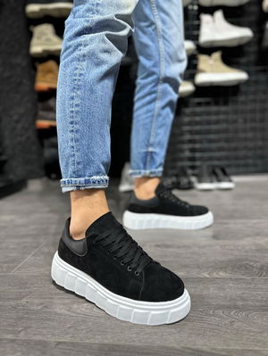 High Sole Casual Suede Shoes Black (White Sole)