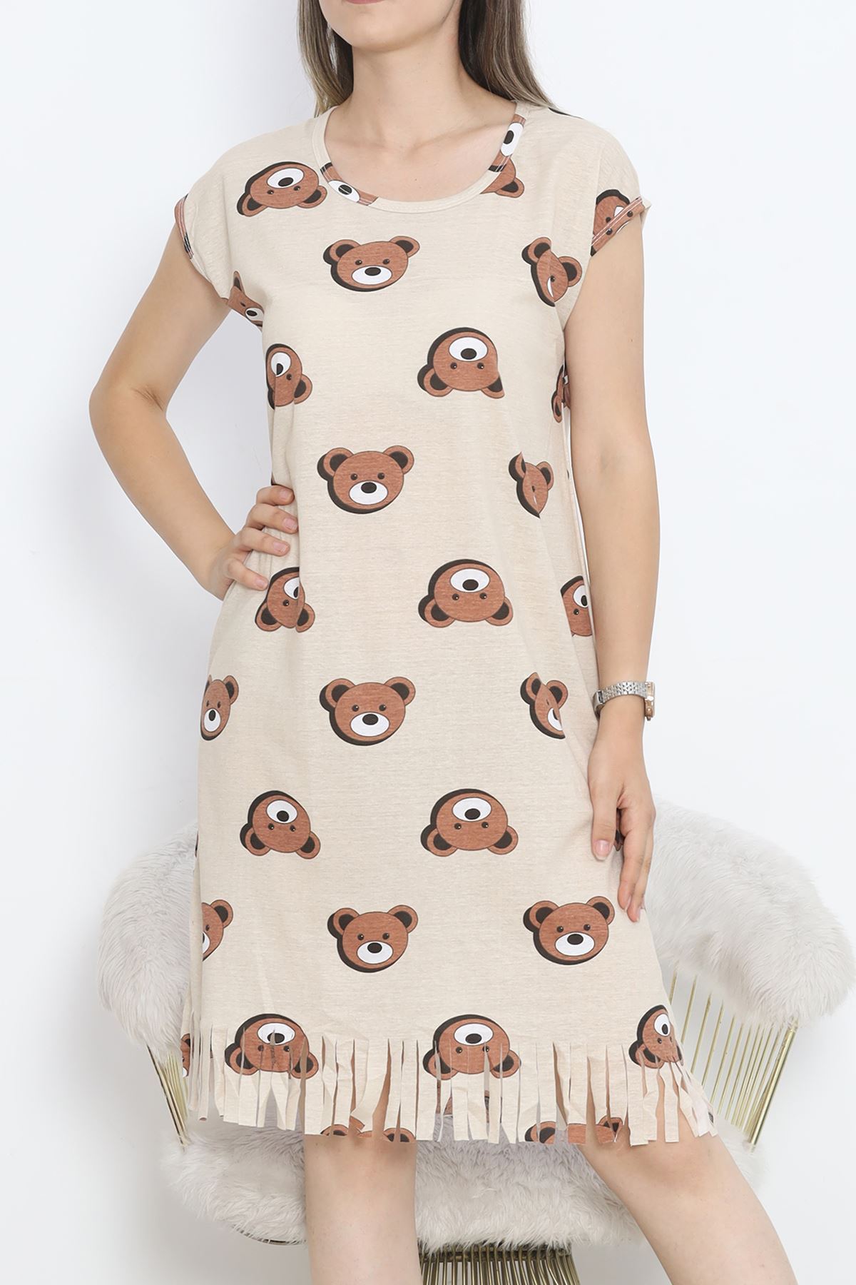 Printed Rotation Tasseled Dress Brownebeige