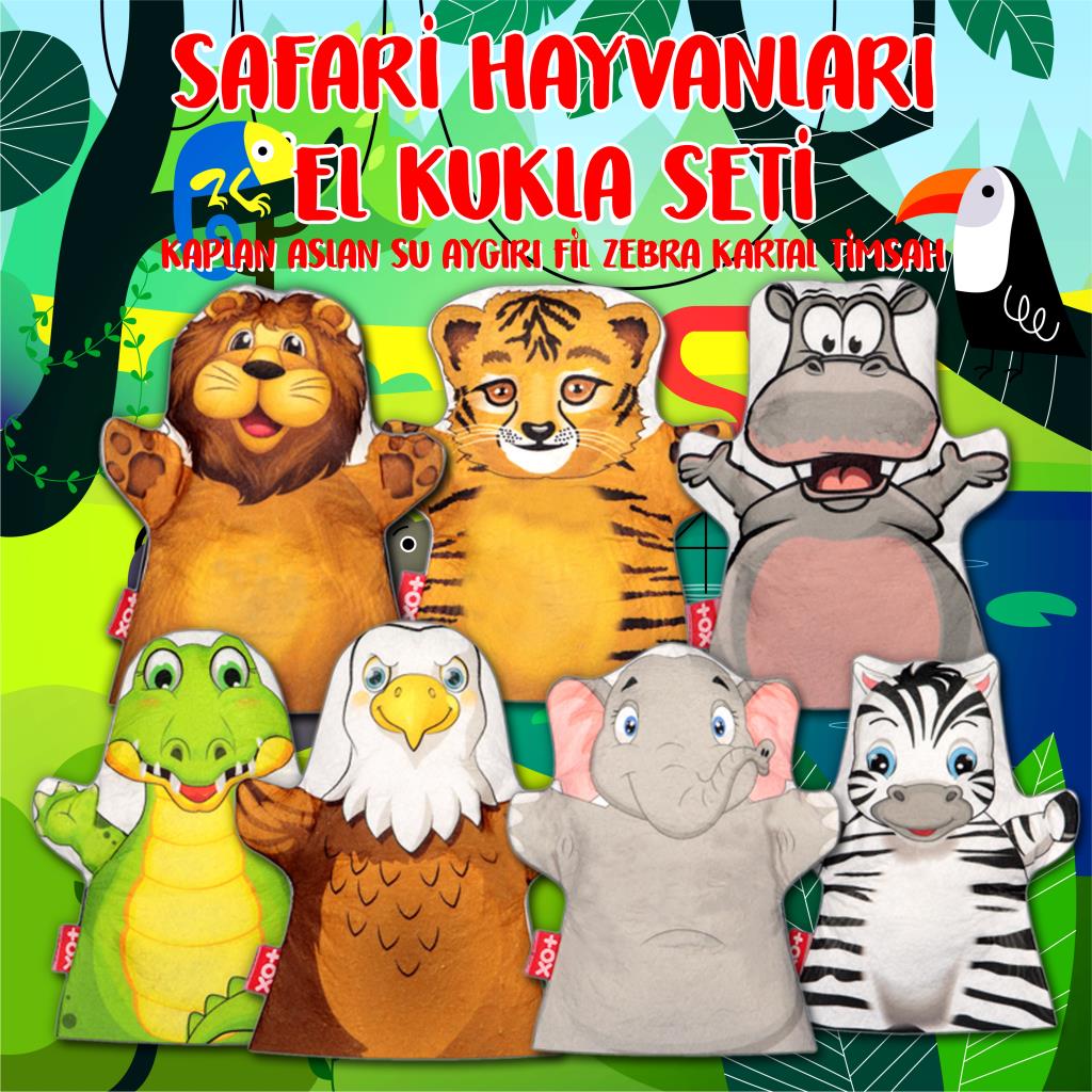 7 Piece Safari Animals Hand Puppet Set , Educational Toy