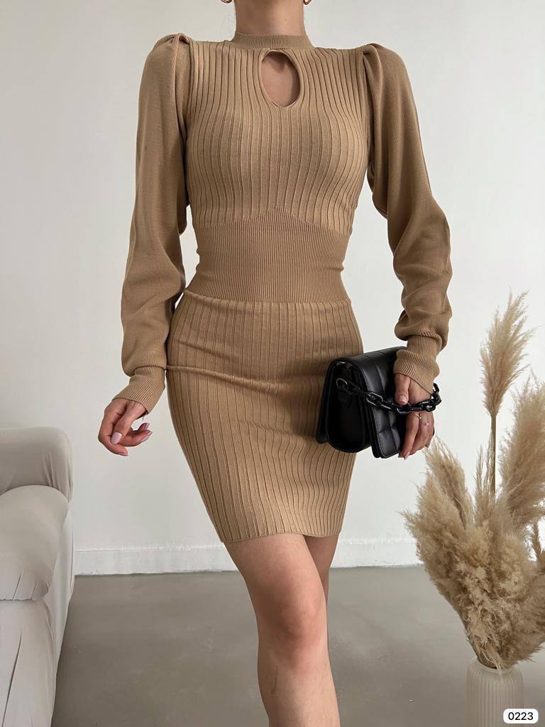 Women's Brown - Mink Drop Collar Detailed Long Sleeve Sweater Dress Mini Dress