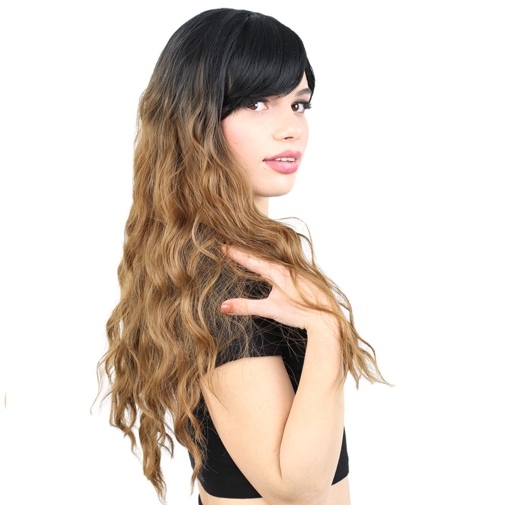 Kanekalon Fiber Synthetic Wig with Long Water Wavy Look with Special Bangs / Black / Caramel Ombré