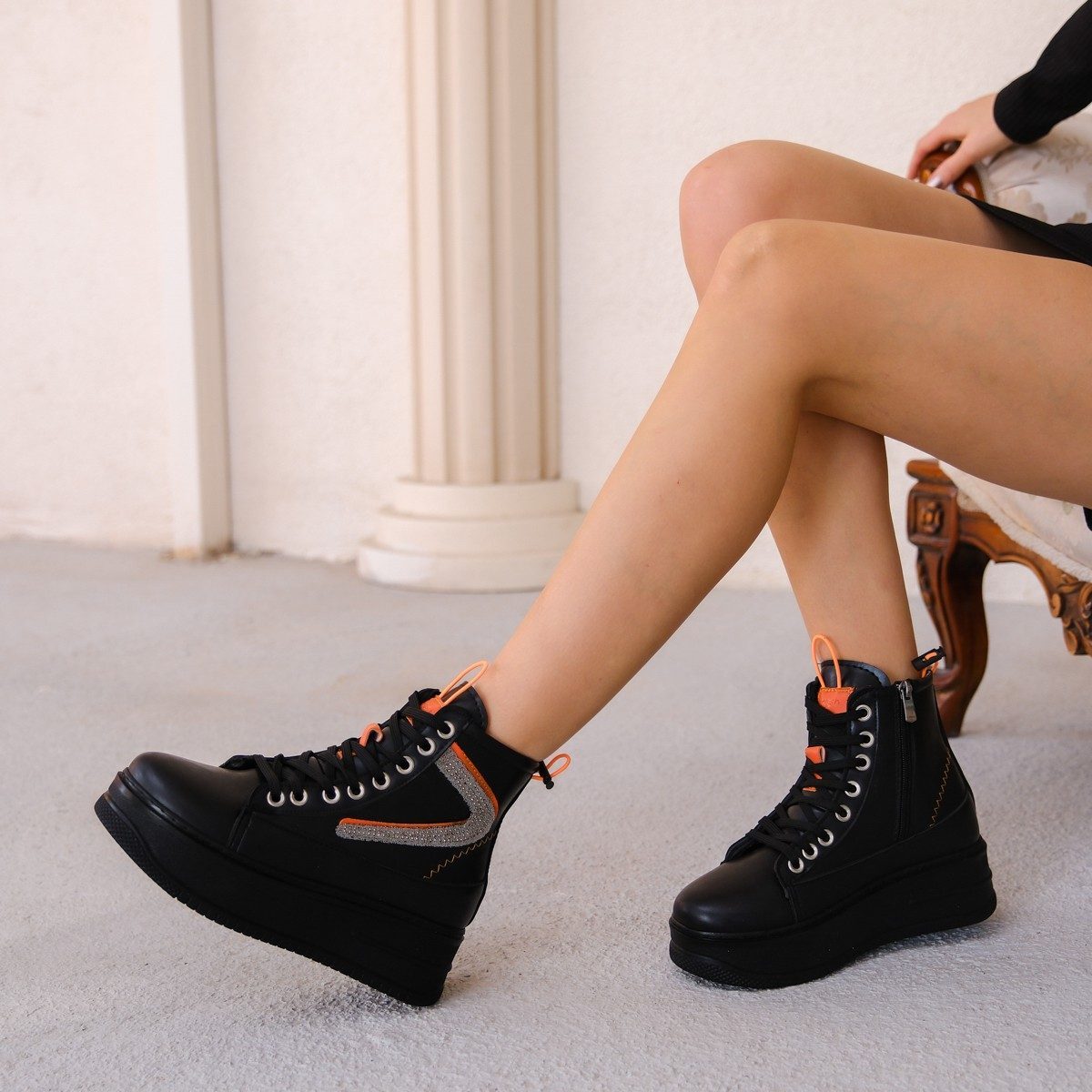 Black Skin Orange Detailed Lace-up Boots