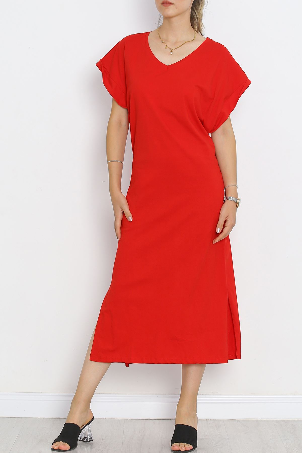 V-Neck Single Jersey Dress Red