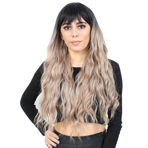 Long Water Wavy Look Kanekalon Fiber Synthetic Wig with Custom Bangs / Black / Ashy Baby Yellow Ombré