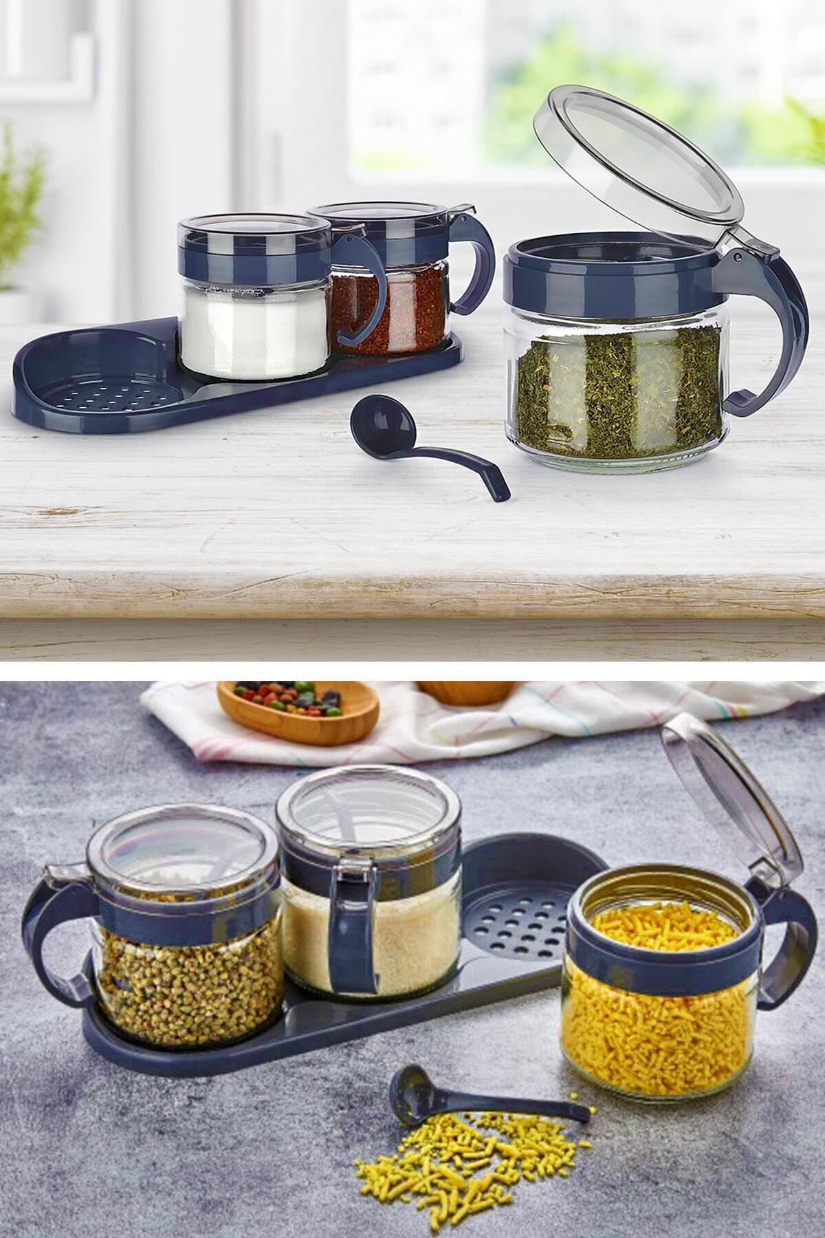 Spice Set 3 Pcs Glass Spice Rack with Spoon Stand