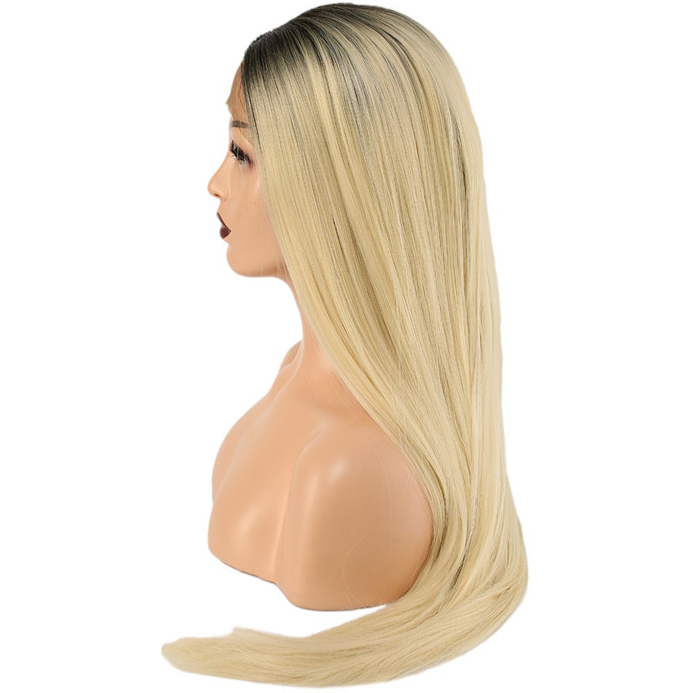 Kanekalon Fiber Synthetic Straight Long Tulle Wig / Black Platinum Long Ombré