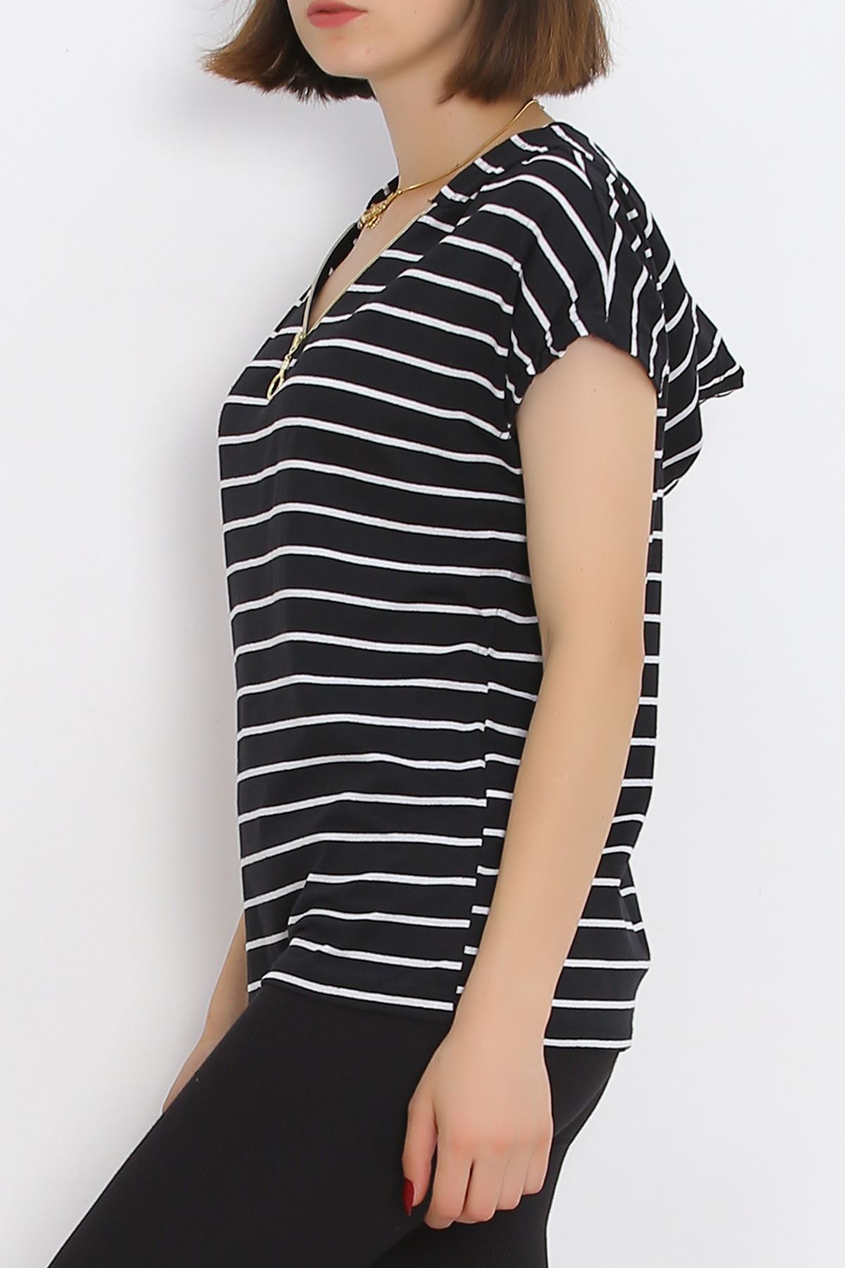 Striped Hooded T-Shirt Black and White