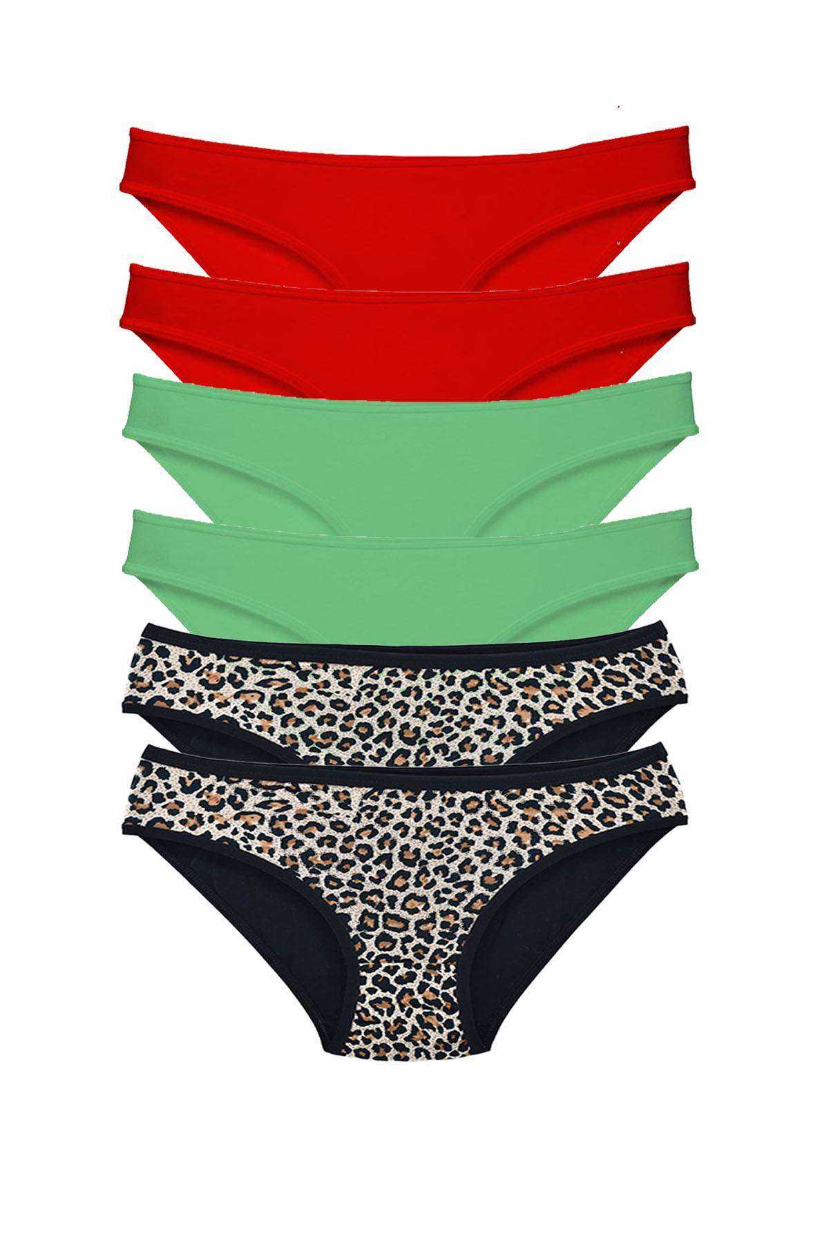 6 Pcs Lycra Women Slip Panties Leopard Red Green