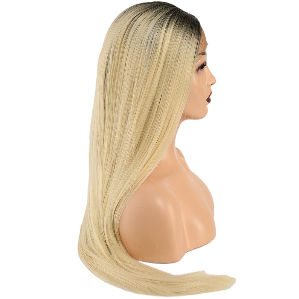 Kanekalon Fiber Synthetic Straight Long Tulle Wig / Black Platinum Long Ombré