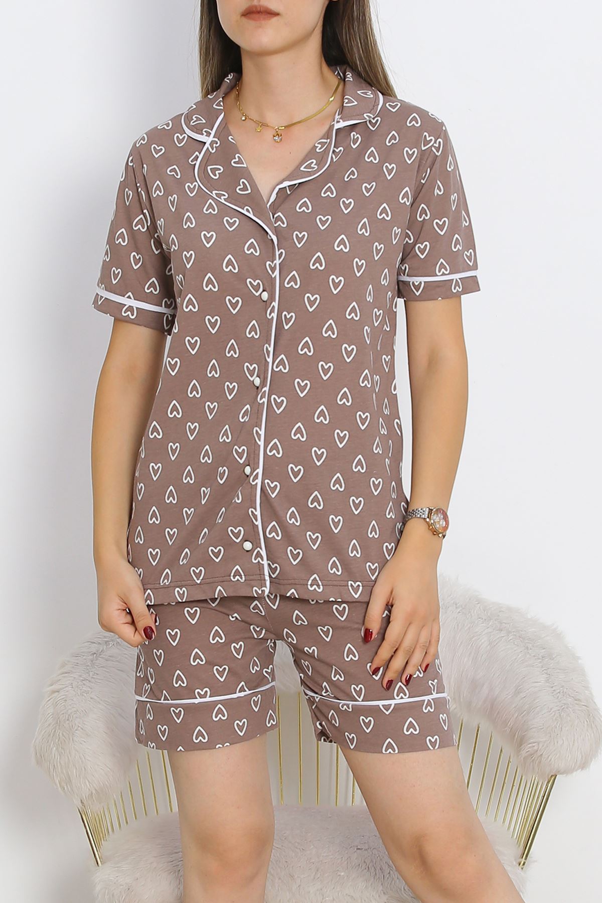 Buttoned Shorts Pajama Set Brown-White