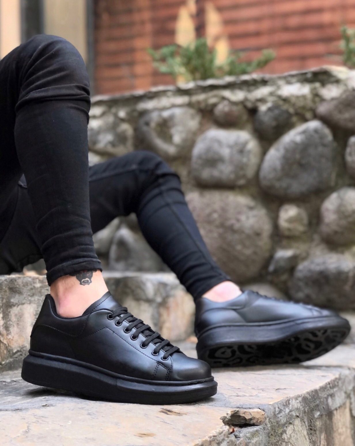 Thick High Sole Black Lace-Up Sneakers For Men