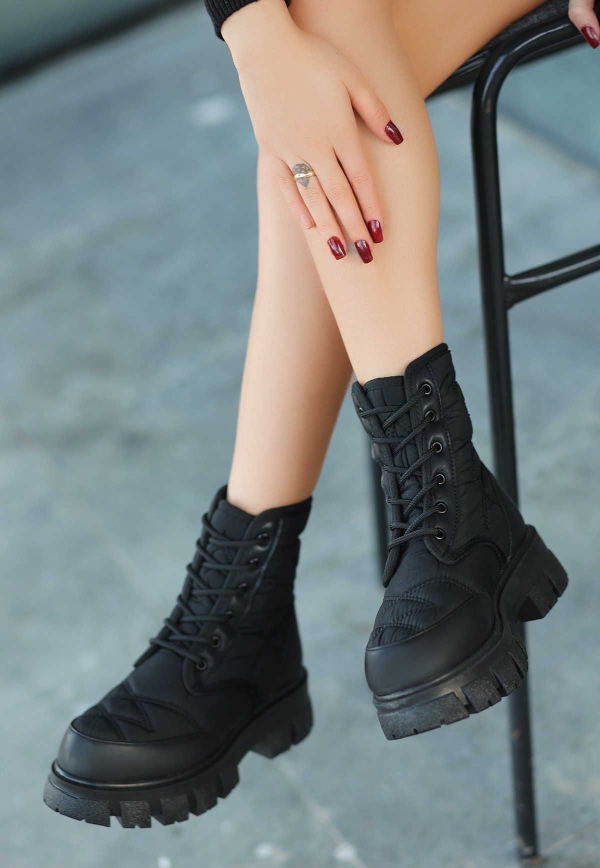 Black Skin Lace-up Boots