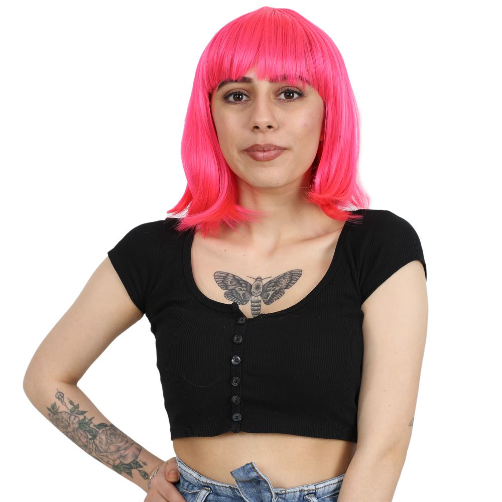 Kanekalon Fiber Synthetic Wig with Blunt Bangs / Neon Pink