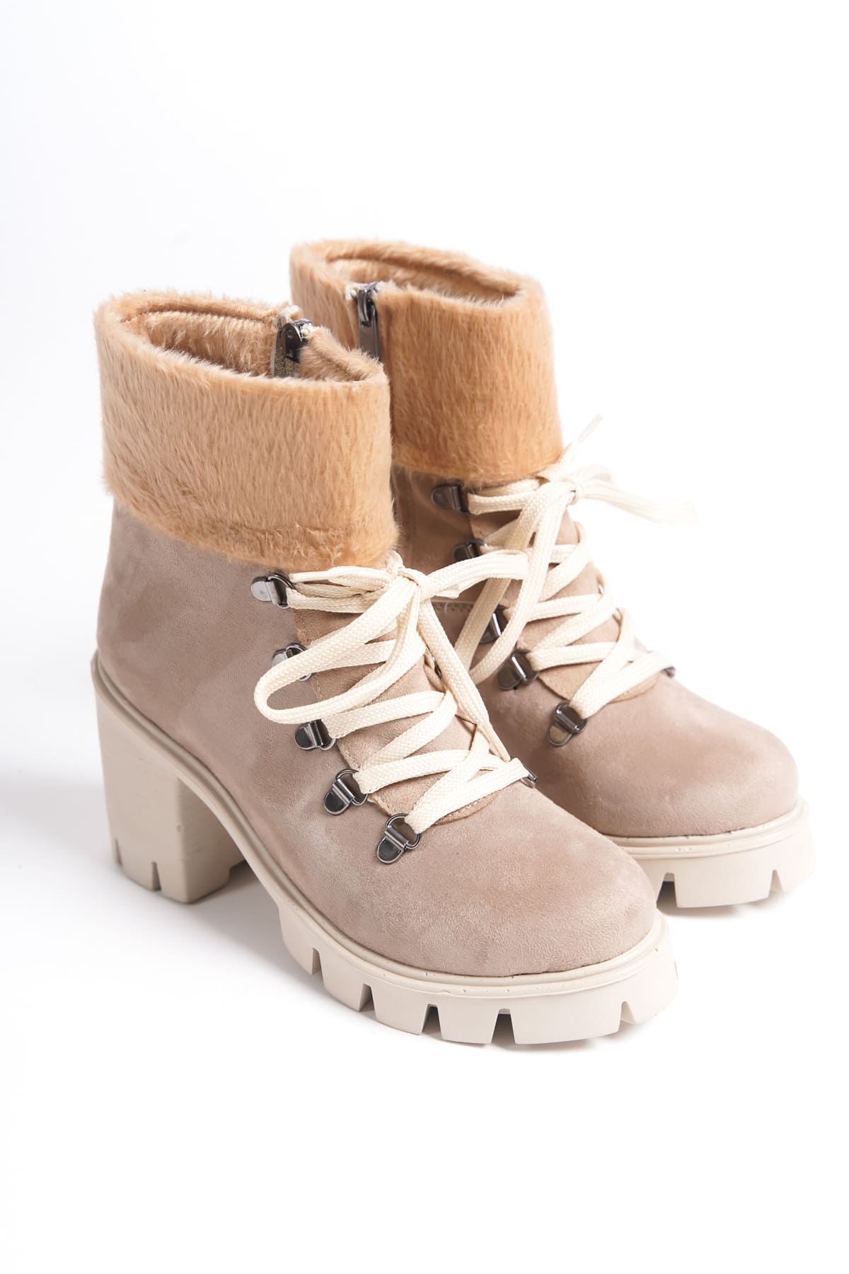 CLZ948 Lace-up Zippered Orthopedic Sole Heeled Sheepskin Detailed Suede Women's Boots TT Ten