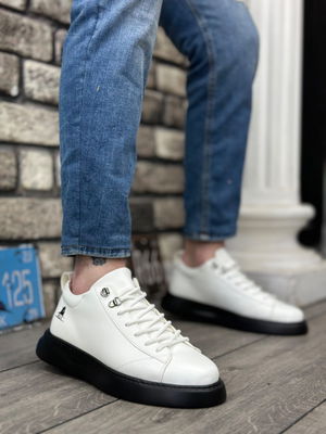 Lace-up Men's High Sole White Black Skin Sneakers