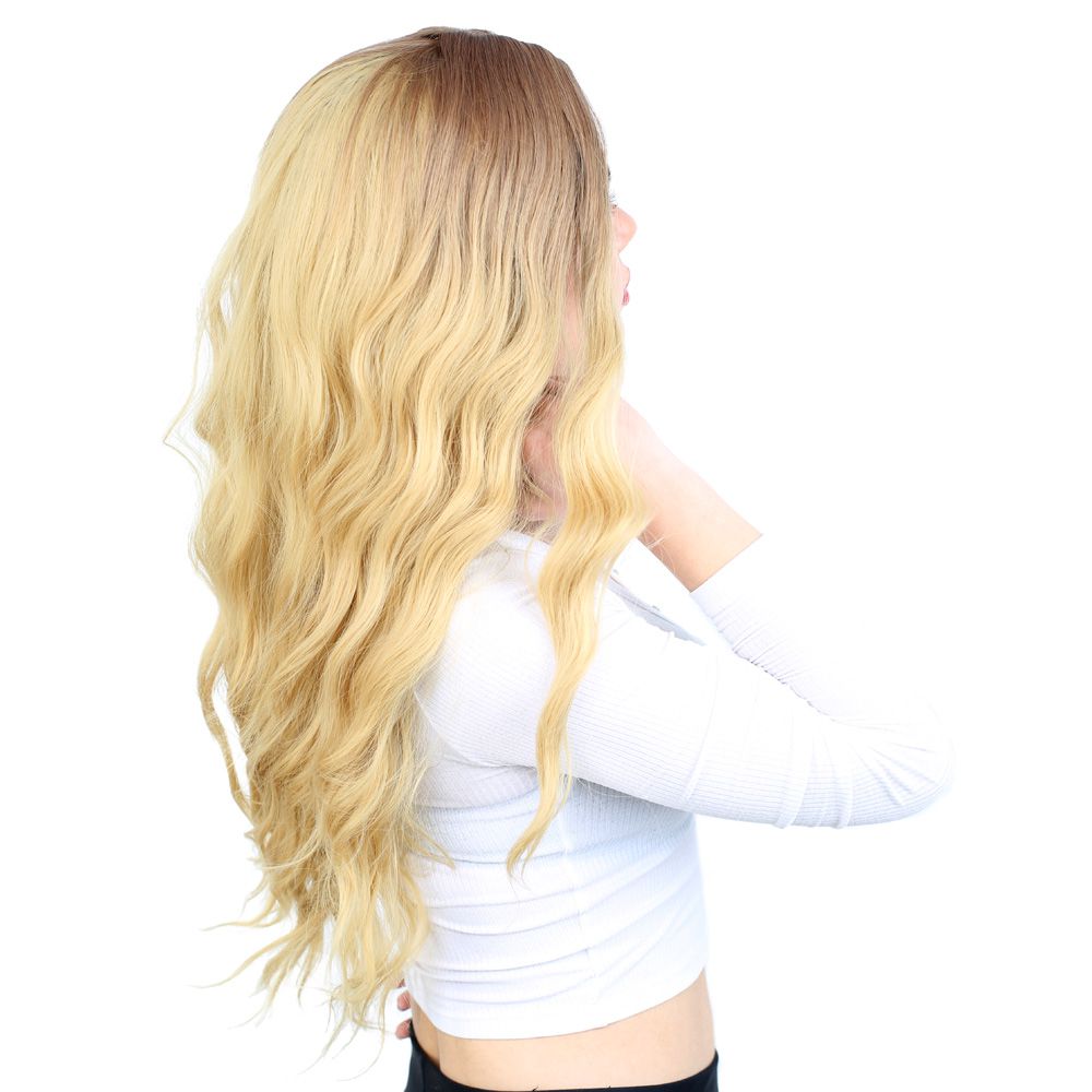 Kanekalon Fiber Synthetic Long Water Wavy Look Wig / Auburn / Yellow Ombré