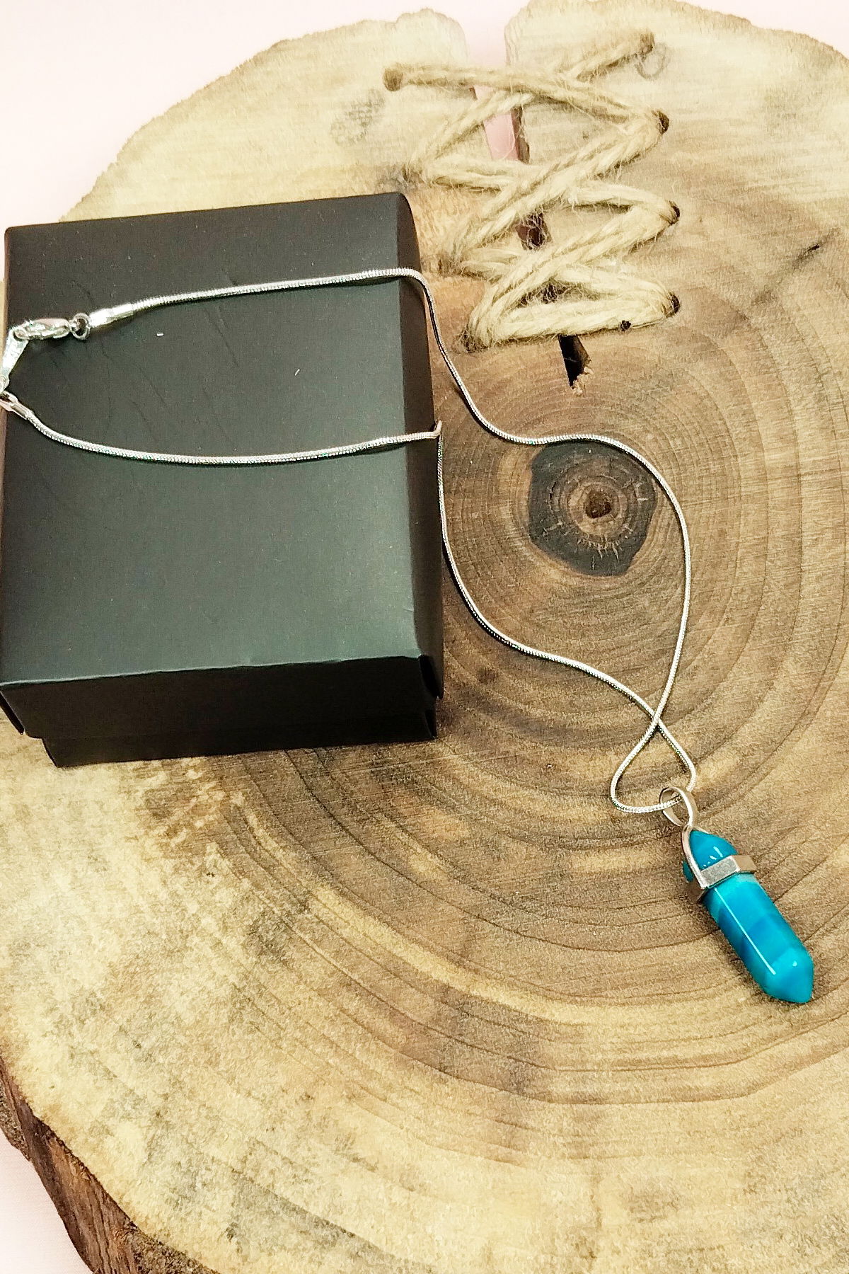 Blue Agate Natural Stone Chain Necklace with Handmade Design Pendant: 3.5 cm Chain: 20 cm Boxed