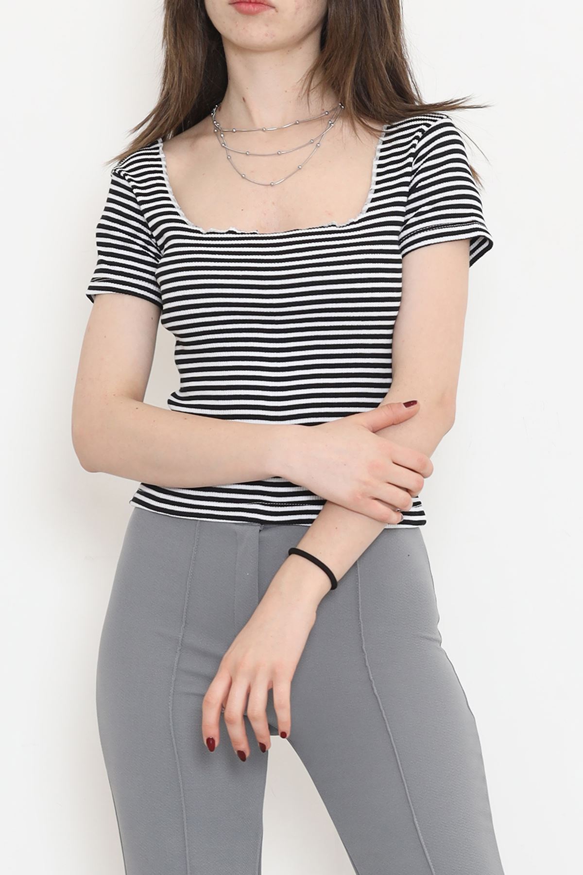 Striped Square Neck Blouse Black